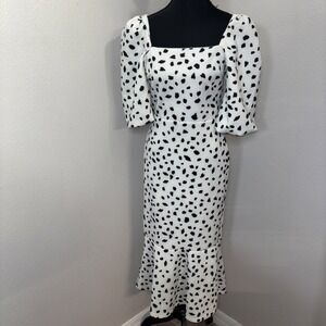 True Violet Midi Dress Women's 10 White & Black Puff Sleeve Square Neck Party